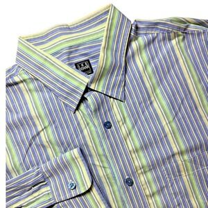 Ike Behar Mens XL Button Down Shirt Blue Green Striped Long Sleeve Preppy Office